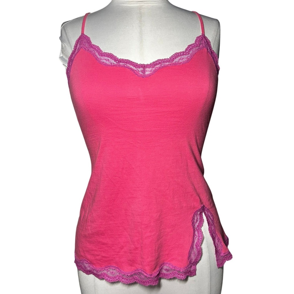 Vintage Victoria's Secret Camisole XS Pink Lace Trim Side Slit Tank Top y2k